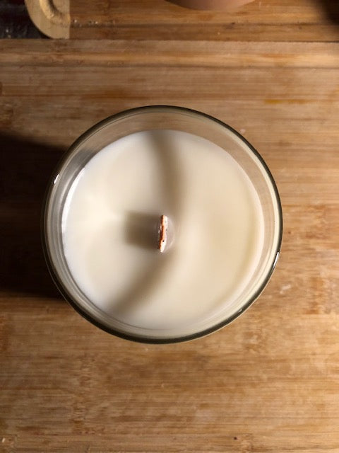 All of our 9oz candles are made with wooden wicks and 100% soy wax. 